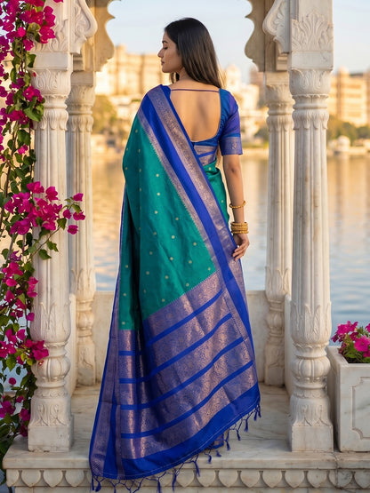 Sutriti Teal & Navy Blue Soft Silk Saree for Women - Festive Wedding Party Wear Ethnic Saree