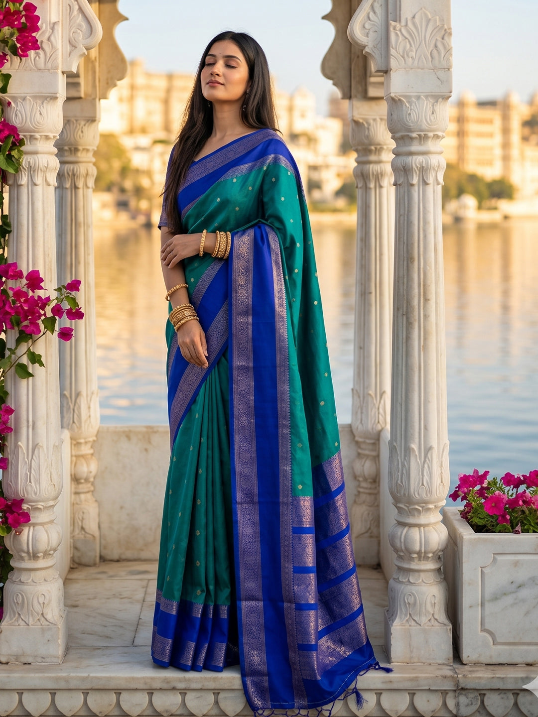 Sutriti Teal & Navy Blue Soft Silk Saree for Women - Festive Wedding Party Wear Ethnic Saree