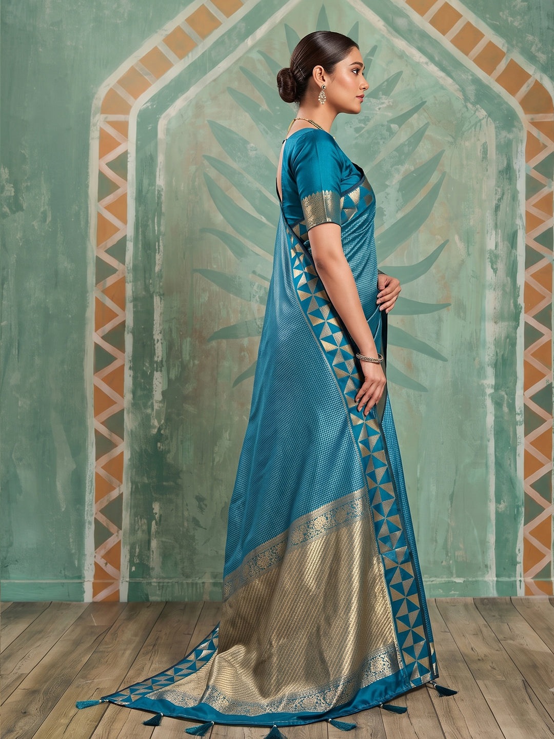 Sutriti Teal Blue Art Silk Saree With Geometric Gold Border | Women's Party Wear