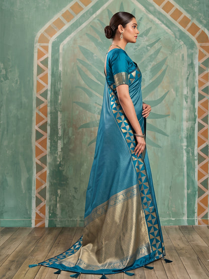 Sutriti Teal Blue Art Silk Saree With Geometric Gold Border | Women's Party Wear