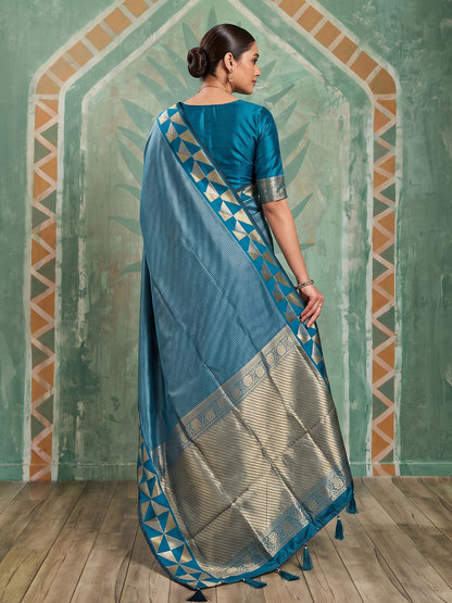 Sutriti Teal Blue Art Silk Saree With Geometric Gold Border | Women's Party Wear