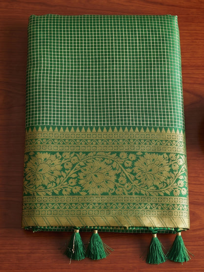 Sutriti Dark Green Micro Check Art Silk Saree | Ethnic Wedding & Party Attire