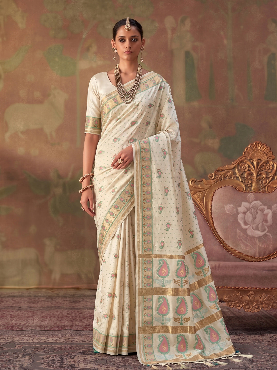 Sutriti Cream Soft Silk Saree For Women | Festive, Wedding & Party Ethnic Wear