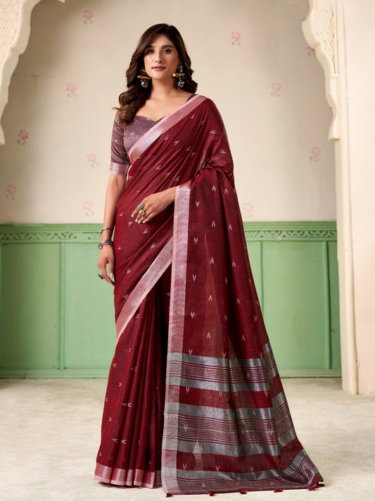 Sutriti Women Maroon Woven Design Linen Saree with Silver Zari