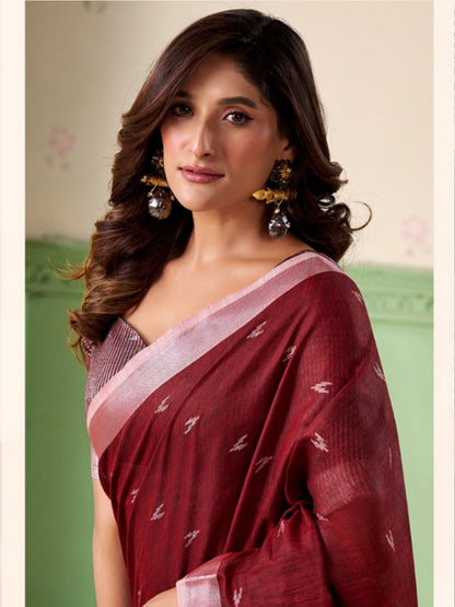 Sutriti Women Maroon Woven Design Linen Saree with Silver Zari