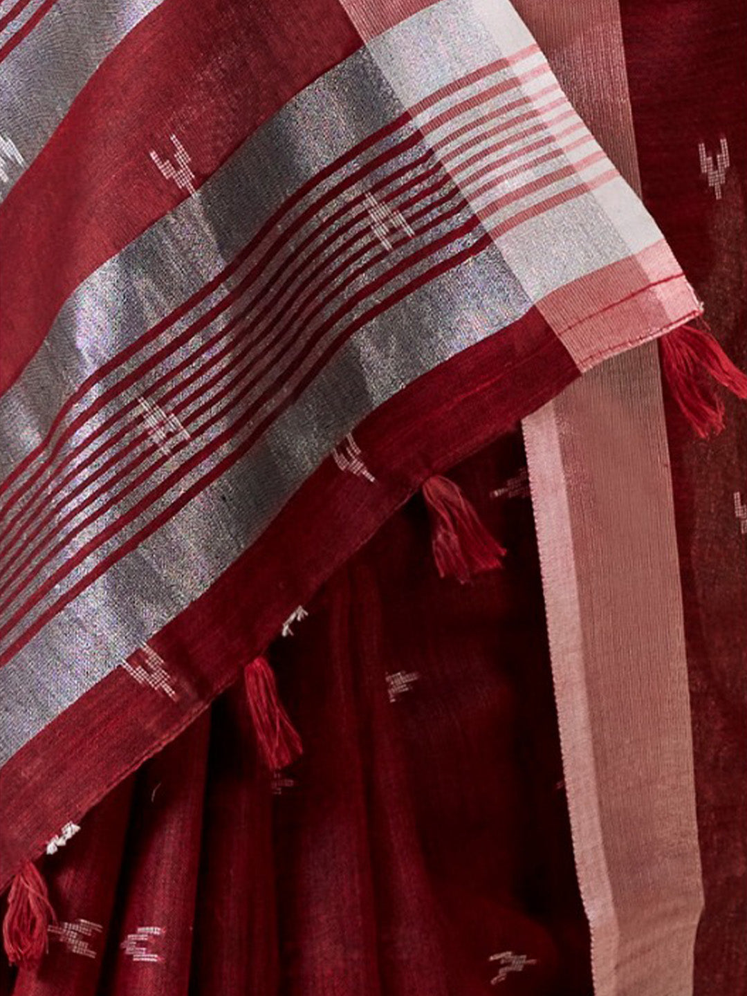 Sutriti Women Maroon Woven Design Linen Saree with Silver Zari