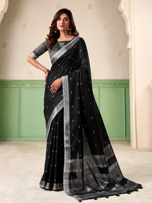 Sutriti Women Black Woven Design Linen Saree with Silver Zari