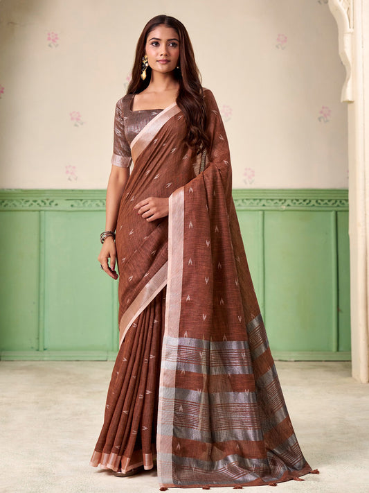 Sutriti Women Coffee Brown Woven Design Linen Saree with Silver Zari