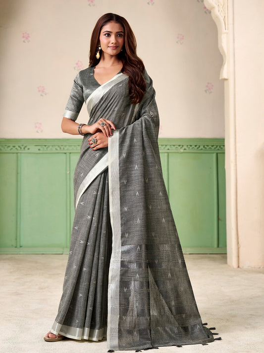 Sutriti Women Grey Woven Design Linen Saree with Silver Zari