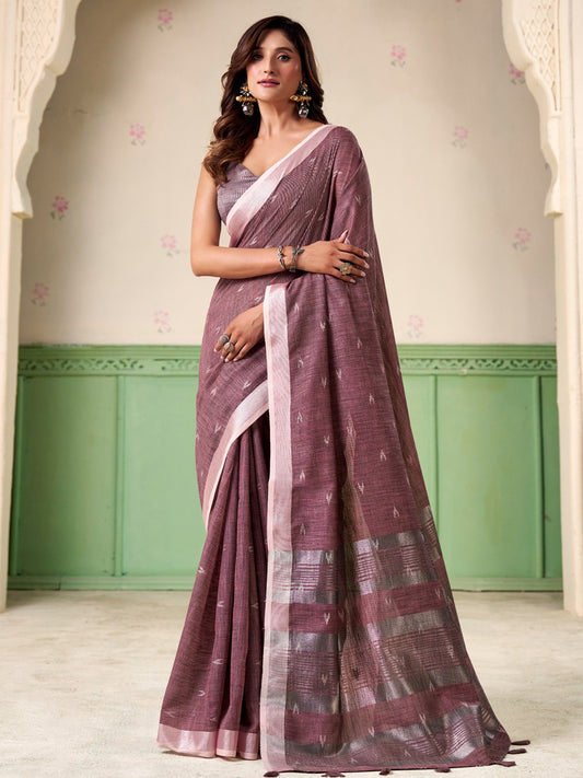 Sutriti Women Mauve Blue Woven Design Linen Saree with Silver Zari