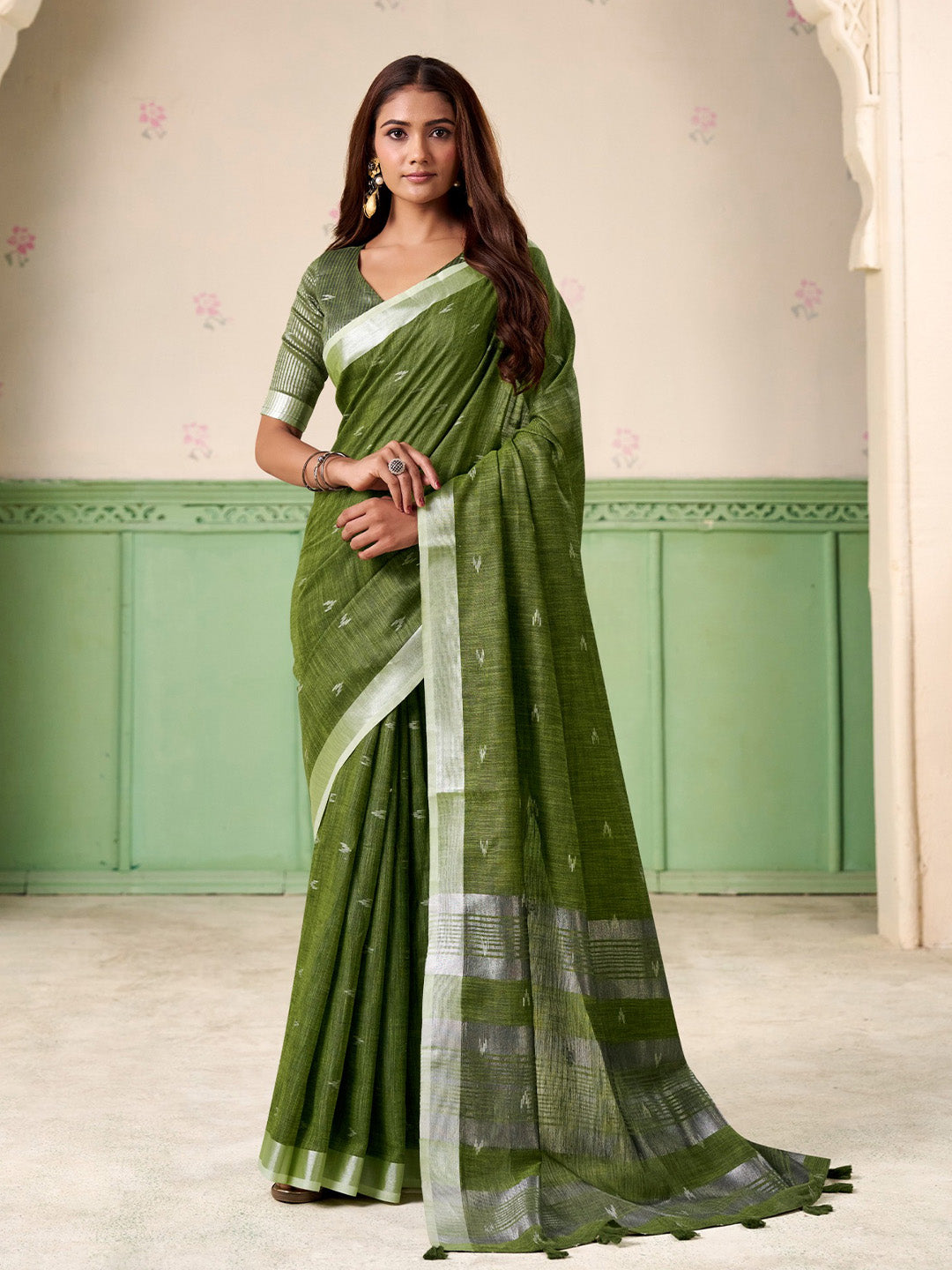 Sutriti Women Olive Green Woven Design Linen Saree with Silver Zari