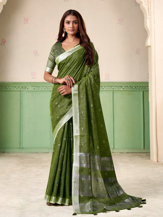 Sutriti Women Olive Green Woven Design Linen Saree with Silver Zari