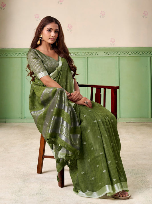 Sutriti Women Olive Green Woven Design Linen Saree with Silver Zari