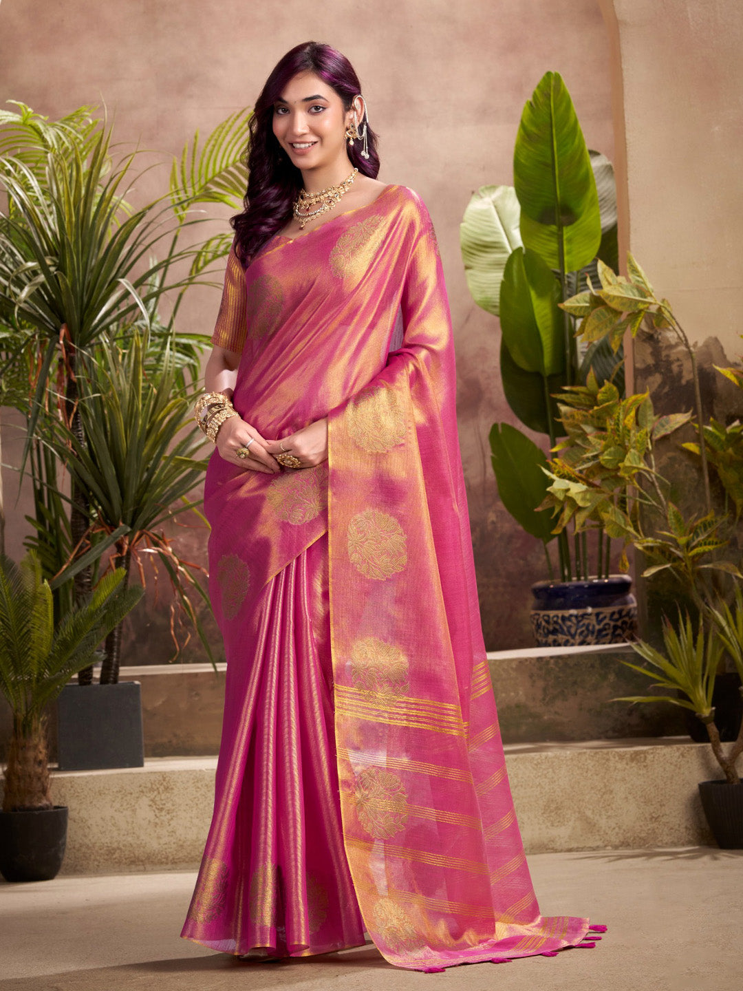 Sutriti Women Magenta Pink Woven Tissue Silk Saree with Mandala Motifs
