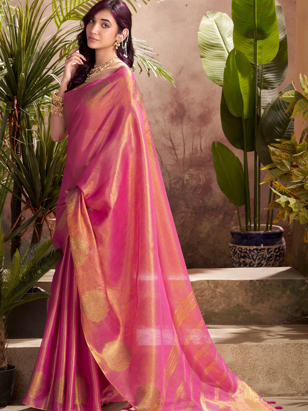 Sutriti Women Magenta Pink Woven Tissue Silk Saree with Mandala Motifs