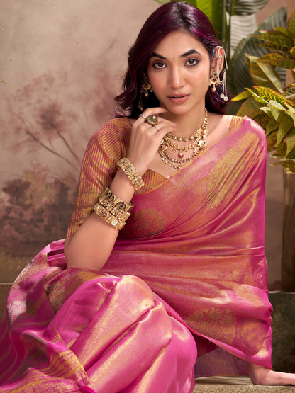 Sutriti Women Magenta Pink Woven Tissue Silk Saree with Mandala Motifs