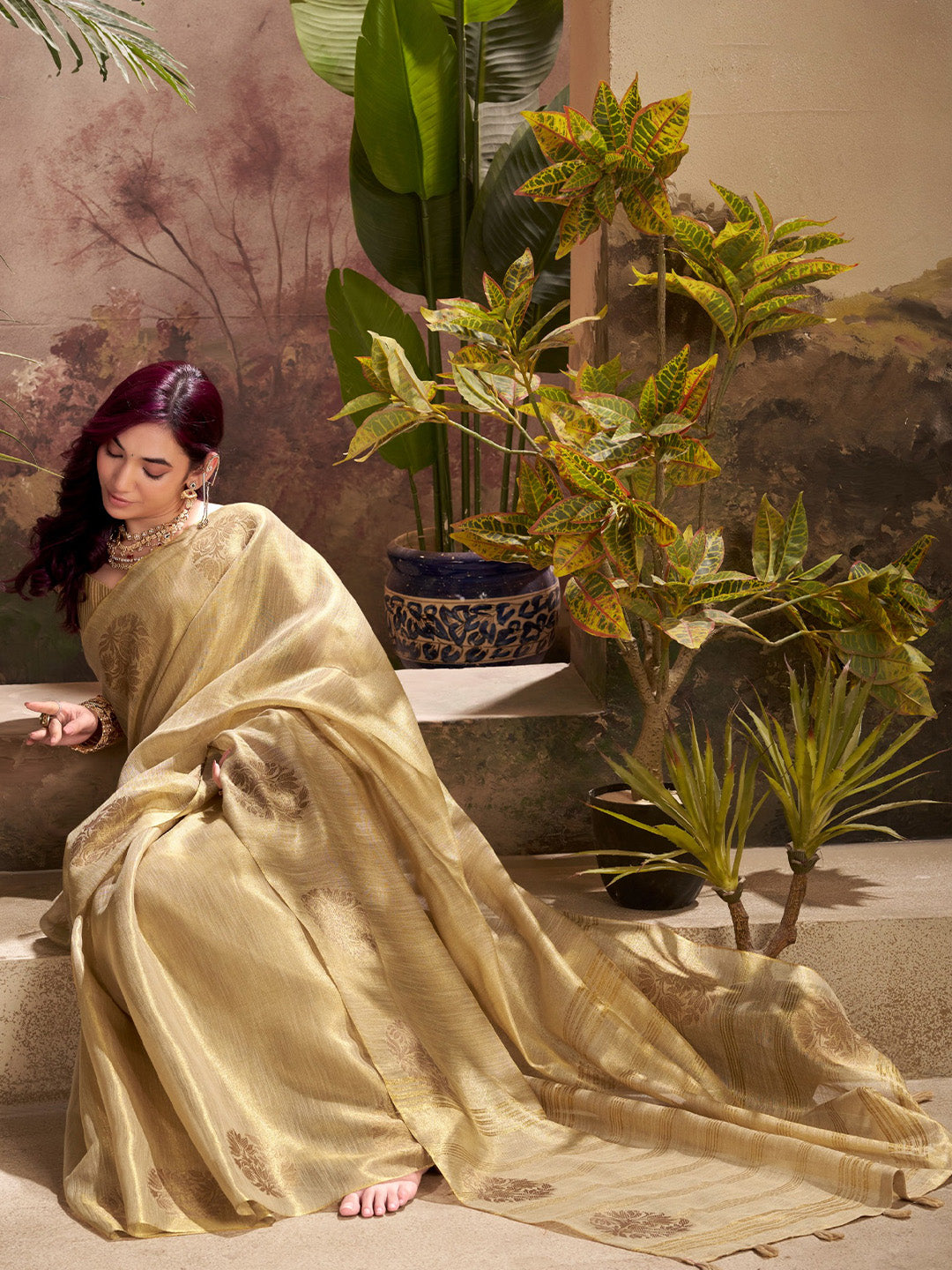 Sutriti Women Golden Beige Woven Tissue Silk Saree with Mandala Motifs