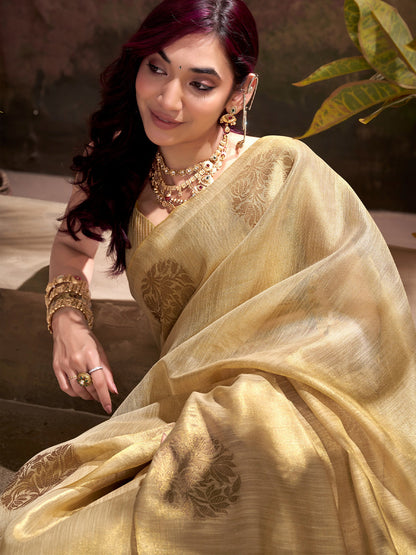 Sutriti Women Golden Beige Woven Tissue Silk Saree with Mandala Motifs