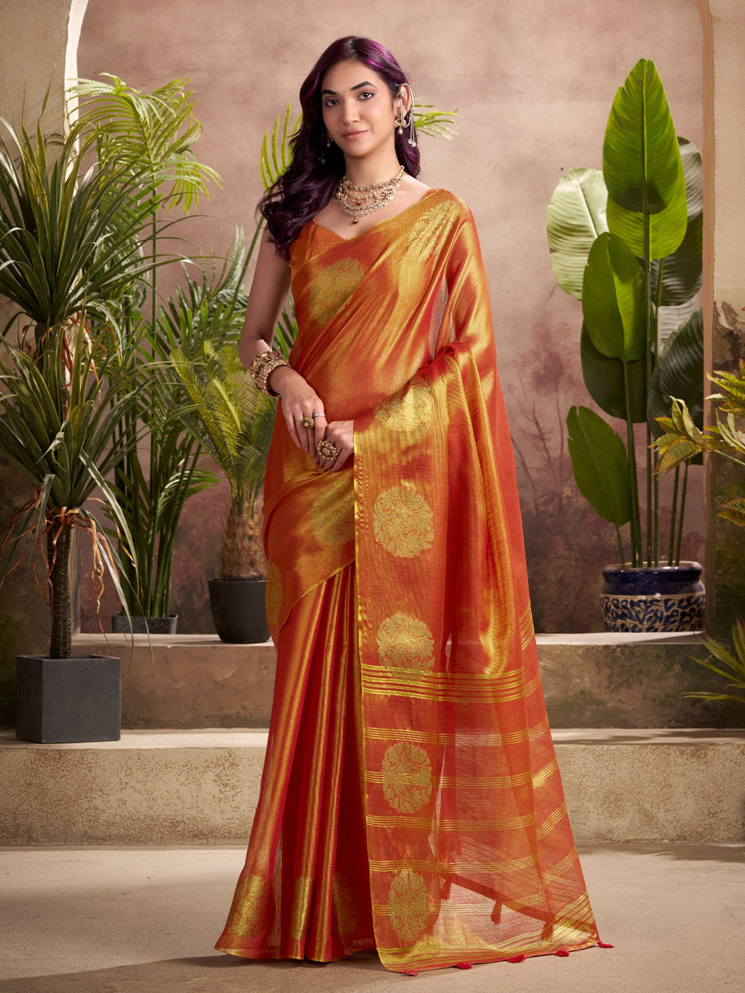 Sutriti Women Rust Orange Woven Tissue Silk Saree with Mandala Motifs