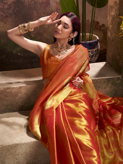 Sutriti Women Rust Orange Woven Tissue Silk Saree with Mandala Motifs