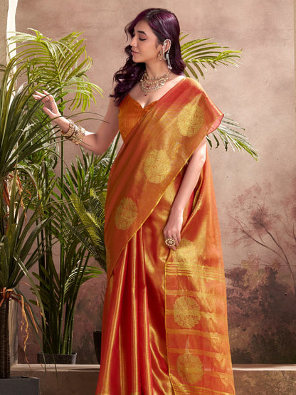 Sutriti Women Rust Orange Woven Tissue Silk Saree with Mandala Motifs