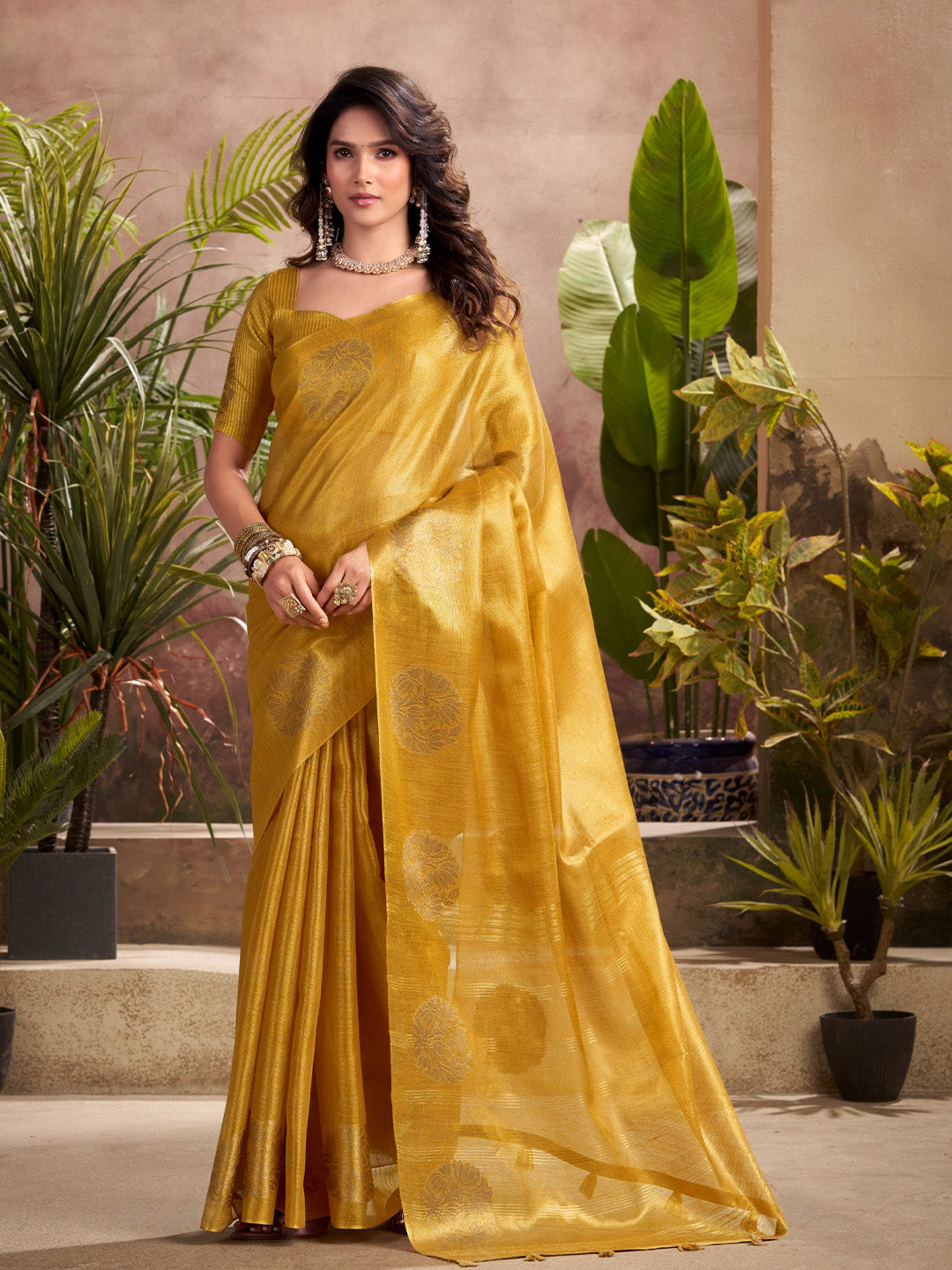 Sutriti Women Mustard Yellow Woven Tissue Silk Saree with Mandala Motifs