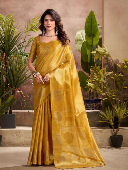 Sutriti Women Mustard Yellow Woven Tissue Silk Saree with Mandala Motifs