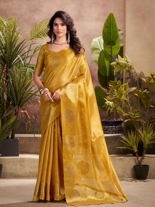 Sutriti Women Mustard Yellow Woven Tissue Silk Saree with Mandala Motifs