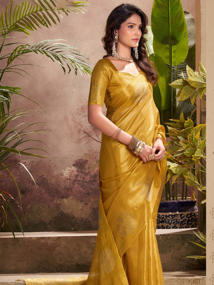 Sutriti Women Mustard Yellow Woven Tissue Silk Saree with Mandala Motifs