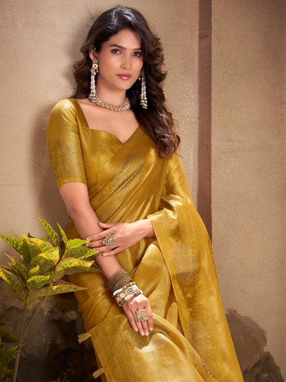 Sutriti Women Mustard Yellow Woven Tissue Silk Saree with Mandala Motifs