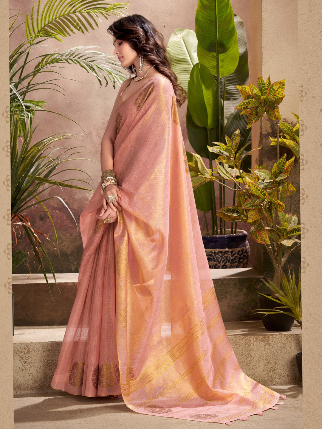 Sutriti Women Peach & Gold Woven Tissue Silk Saree with Mandala Motifs