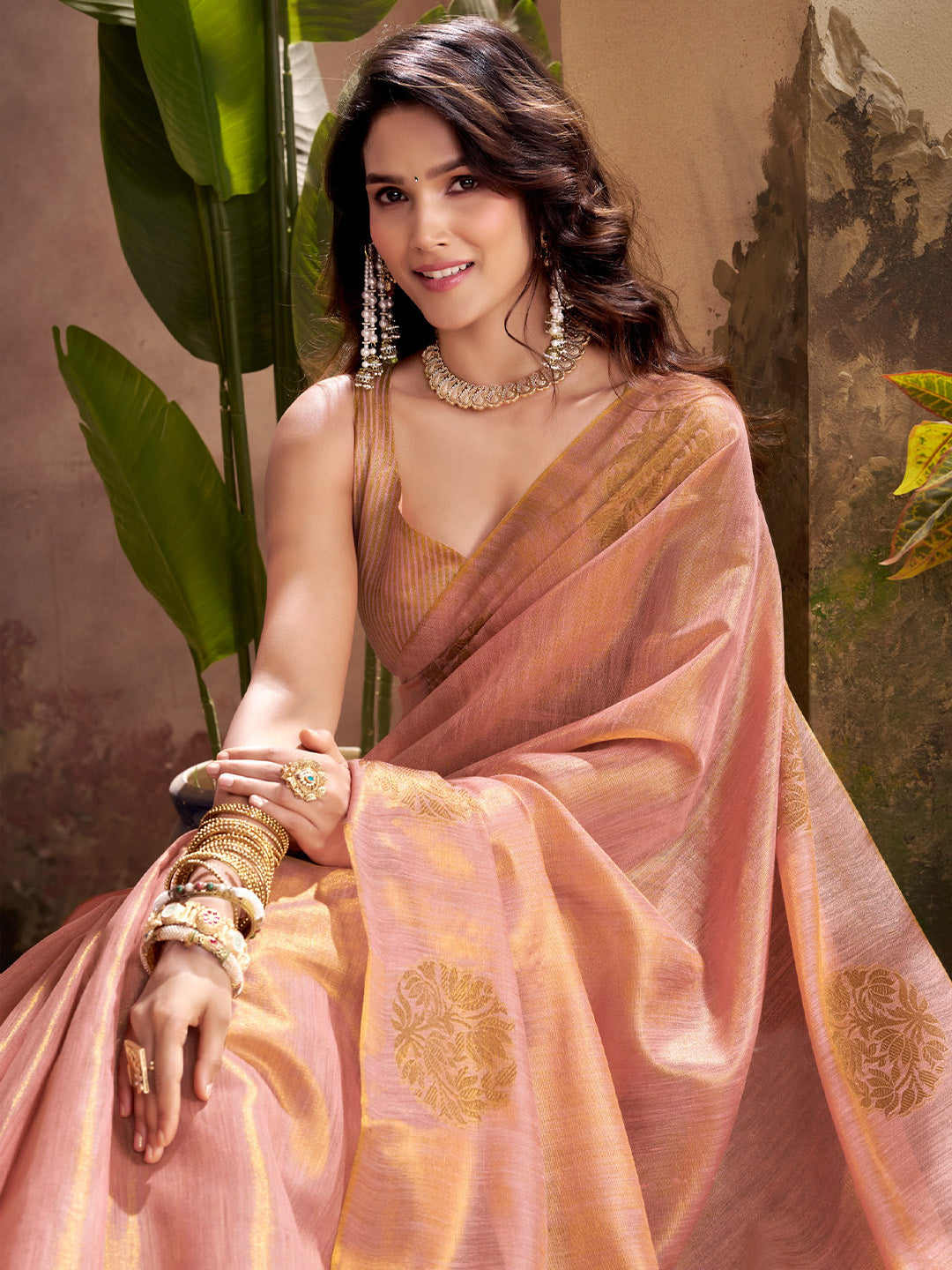 Sutriti Women Peach & Gold Woven Tissue Silk Saree with Mandala Motifs