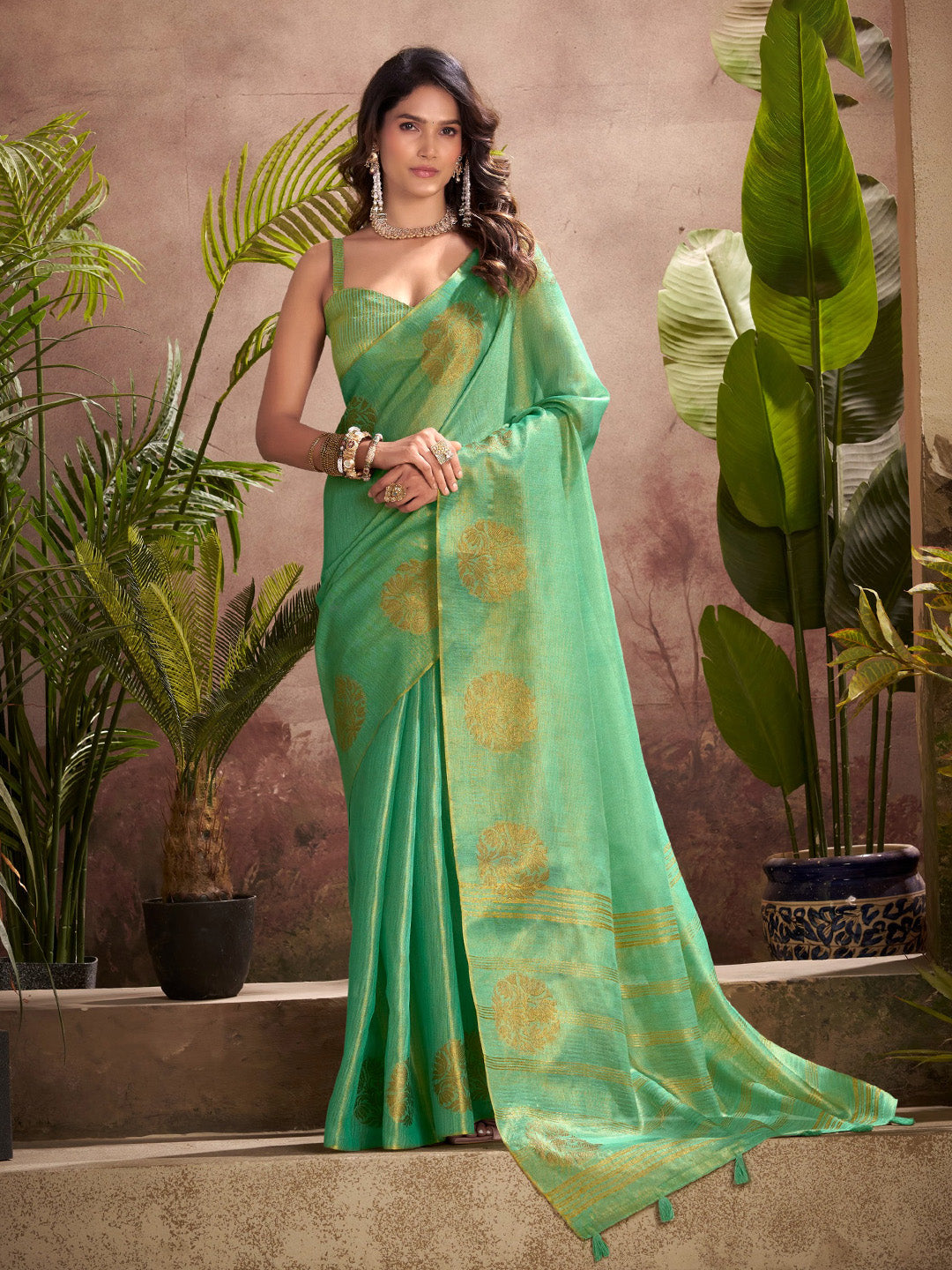 Sutriti Women Sea Green Woven Tissue Silk Saree with Mandala Motifs