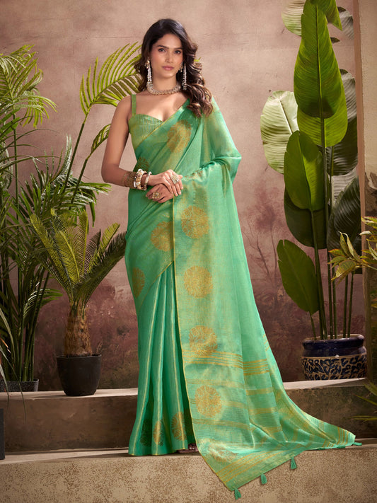 Sutriti Women Sea Green Woven Tissue Silk Saree with Mandala Motifs