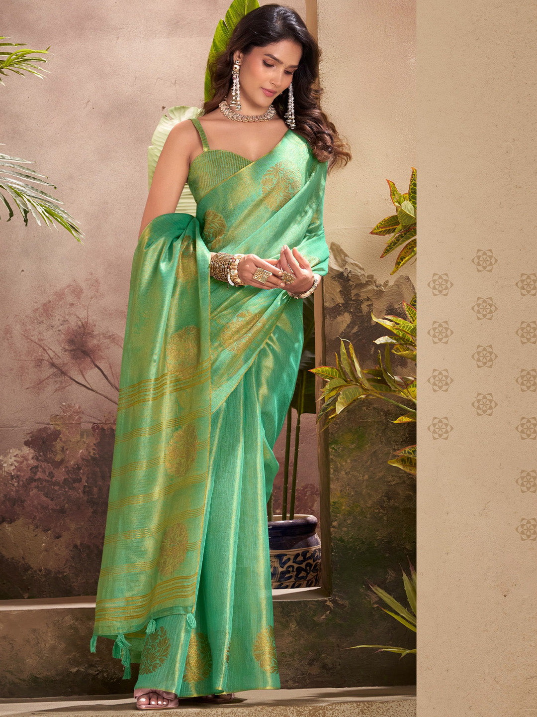 Sutriti Women Sea Green Woven Tissue Silk Saree with Mandala Motifs