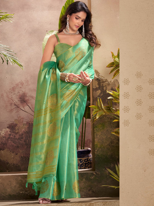 Sutriti Women Sea Green Woven Tissue Silk Saree with Mandala Motifs