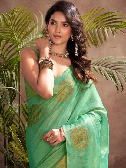 Sutriti Women Sea Green Woven Tissue Silk Saree with Mandala Motifs