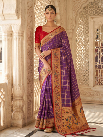 Sutriti Women's Purple Banarasi Silk Saree with Zari Work & Contrast Blouse - Festive Wedding Wear