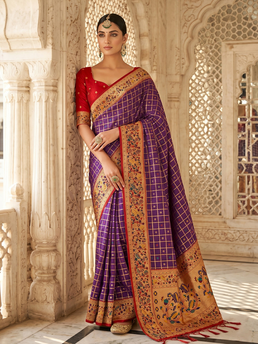 Sutriti Women's Purple Banarasi Silk Saree with Zari Work & Contrast Blouse - Festive Wedding Wear