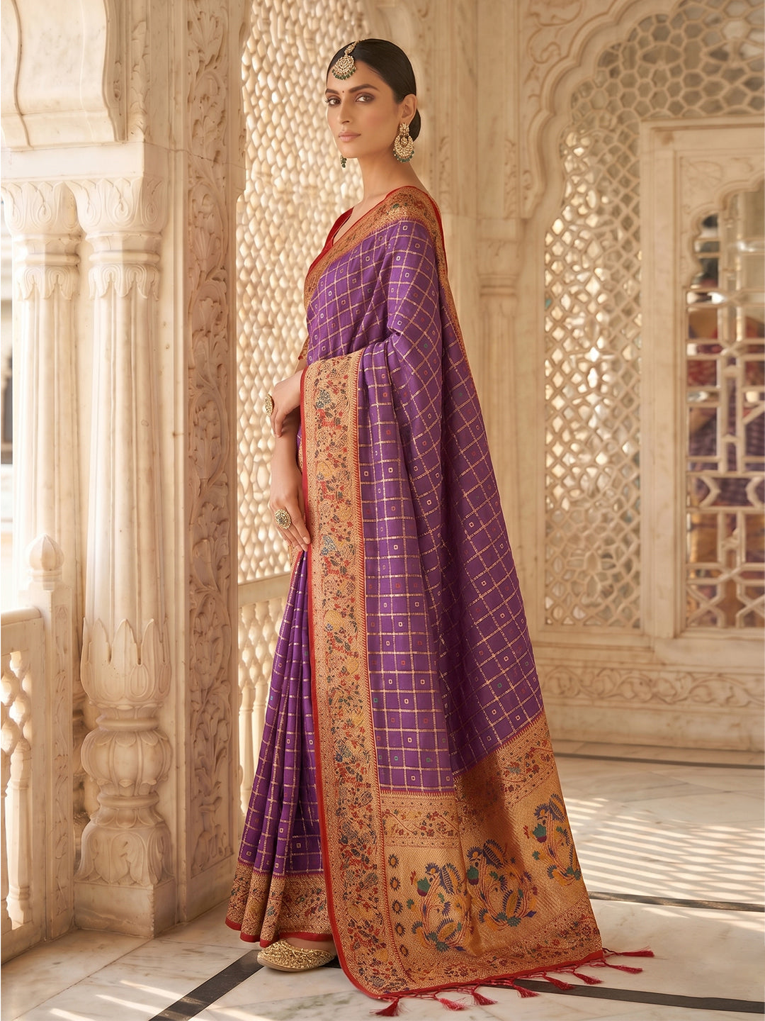 Sutriti Women's Purple Banarasi Silk Saree with Zari Work & Contrast Blouse - Festive Wedding Wear