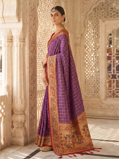 Sutriti Women's Purple Banarasi Silk Saree with Zari Work & Contrast Blouse - Festive Wedding Wear