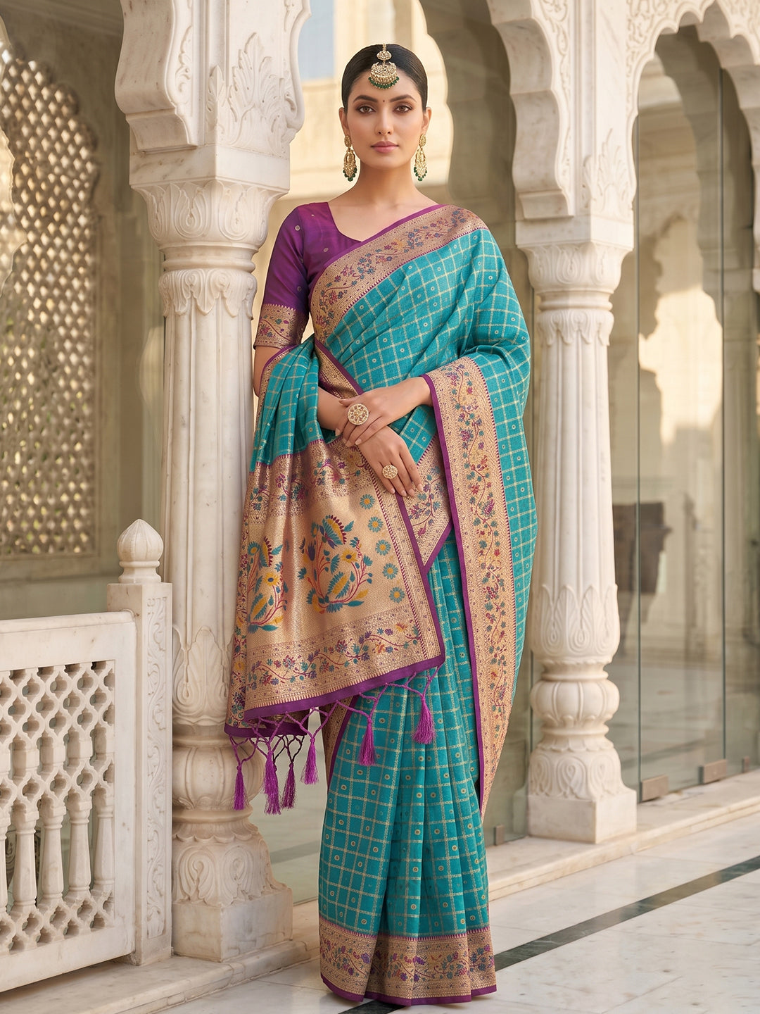 Sutriti Women's Sea Green Banarasi Silk Saree with Zari Work & Contrast Blouse - Festive Party Wear