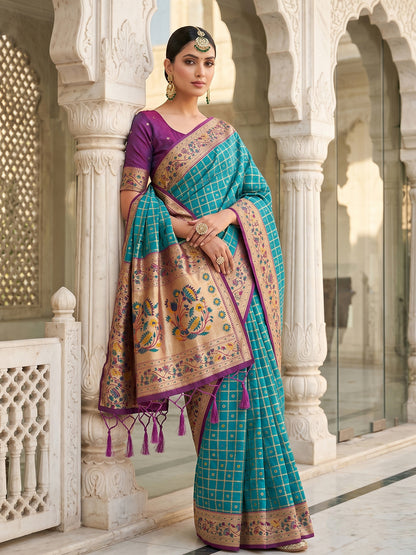 Sutriti Women's Sea Green Banarasi Silk Saree with Zari Work & Contrast Blouse - Festive Party Wear