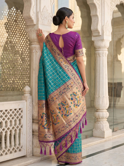 Sutriti Women's Sea Green Banarasi Silk Saree with Zari Work & Contrast Blouse - Festive Party Wear
