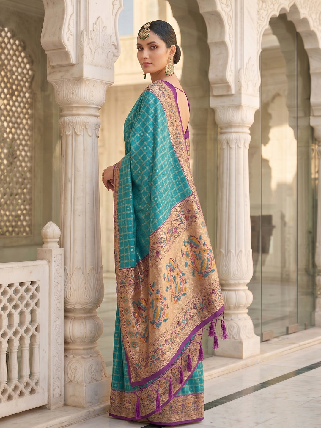 Sutriti Women's Sea Green Banarasi Silk Saree with Zari Work & Contrast Blouse - Festive Party Wear