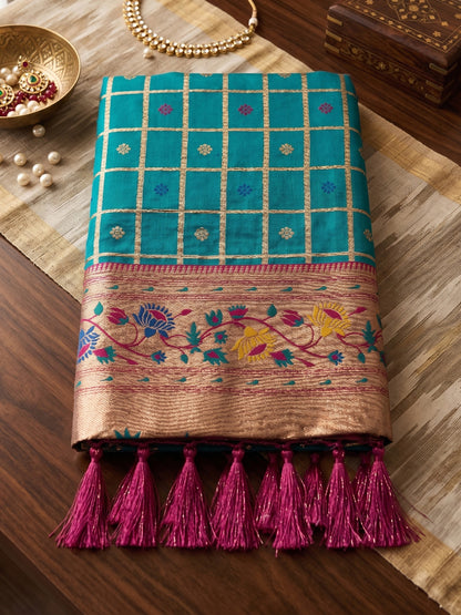Sutriti Women's Sea Green Banarasi Silk Saree with Zari Work & Contrast Blouse - Festive Party Wear