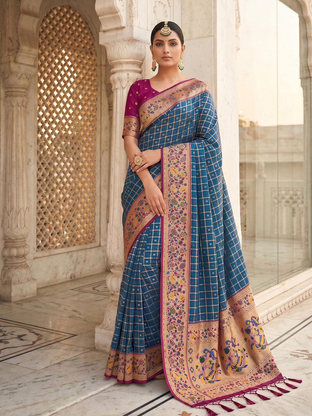 Sutriti Women's Navy Blue Banarasi Silk Saree with Zari Work & Contrast Blouse - Ethnic Wedding Wear