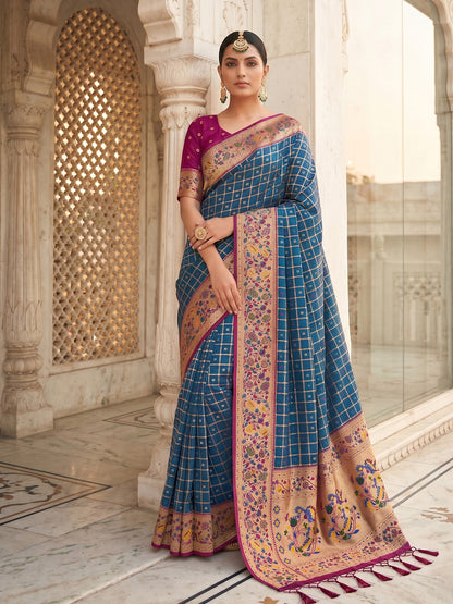 Sutriti Women's Navy Blue Banarasi Silk Saree with Zari Work & Contrast Blouse - Ethnic Wedding Wear