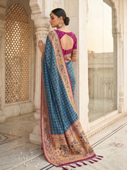Sutriti Women's Navy Blue Banarasi Silk Saree with Zari Work & Contrast Blouse - Ethnic Wedding Wear
