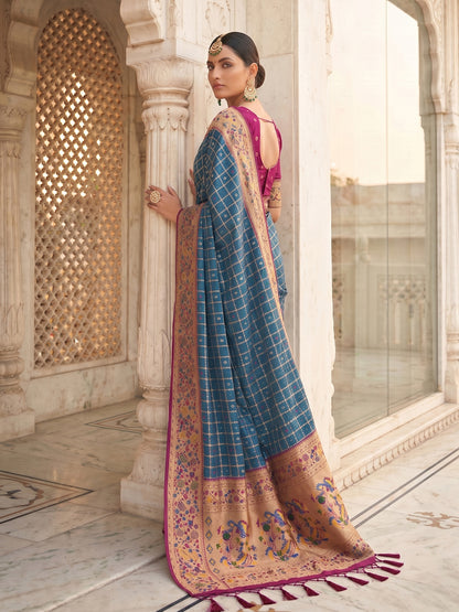 Sutriti Women's Navy Blue Banarasi Silk Saree with Zari Work & Contrast Blouse - Ethnic Wedding Wear
